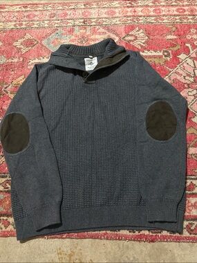 Bally Dark Blue Knit Zip-Up Sweater with Black Elbow Patches